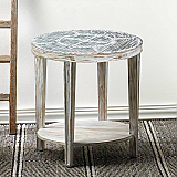 Distressed Wood Round Side Table with Metal Top