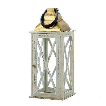 Distressed White Wood Candle Lantern with Gold Top - 24.5 inches