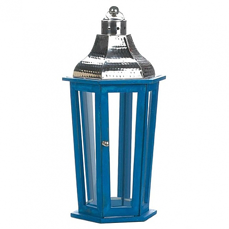 Blue Wood Candle Lantern with Stainless Steel Top - 20 inches